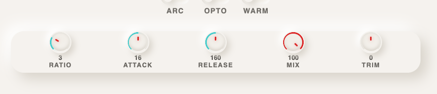 Close-up of the ratio, attack, release, mix, and trim controls