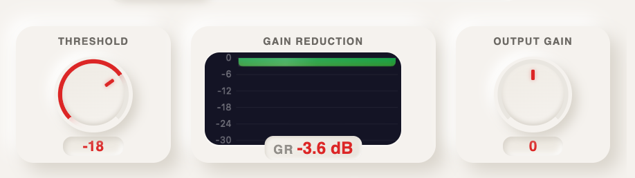 Close-up of RysUpComp's threshold, gain reduction meter, and output gain