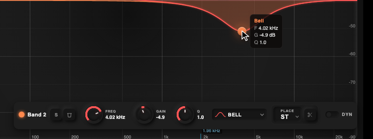 Close-up of an EQ band cut 4.9 dB at 4 kHz with the band panel showing frequency, gain, and Q