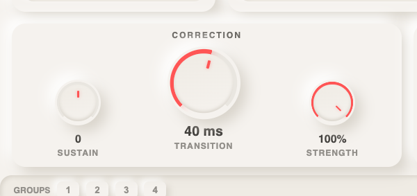 Close-up of RysUpTune's correction section with sustain, transition, and strength controls