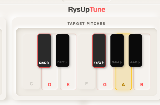 Close-up of RysUpTune's target pitches keyboard with selected notes highlighted